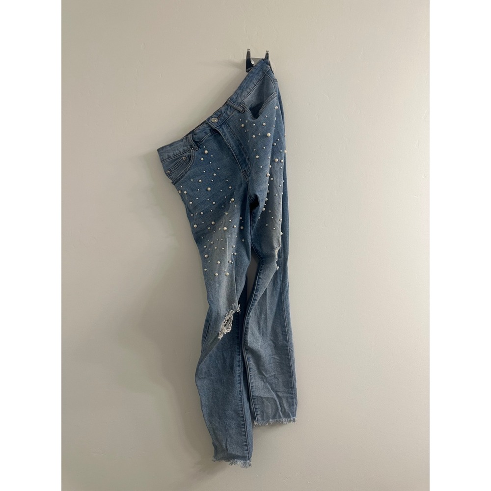Pearl Embellished Distressed Boot Cut Skinny Jeans